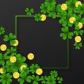 Saint Patrick Day frame with corner decoration green , gold four and tree Leaf clovers,golden coins on white background Royalty Free Stock Photo