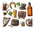 Saint Patrick Day. hat, Pot coins, pipe, beer, lyre, horseshoe