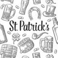 Saint Patrick Day. hat, Pot coins, pipe, beer, lyre, horseshoe Royalty Free Stock Photo