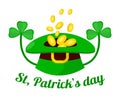 Saint Patrick day holiday gold coins in leprechaun hat and clover Royalty Free Stock Photo