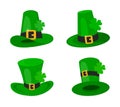 Saint Patrick Day leprechaun green hat set with shamrock clover four leaf lucky icon flat style design vector Royalty Free Stock Photo