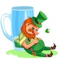 Saint patrick day leprechaun with mug of green beer, glass full alcohol ale, drunk man cylinder with celtic irish symbol Royalty Free Stock Photo