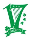St. PatrickÃ¢â¬â¢s Day Irish Celtic Harp March 17 Date with Shamrocks and Banner Icon Design
