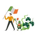 : Saint Patrick day parade, man and leprechaun gnome marching ho Royalty Free Stock Photo