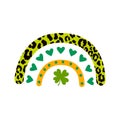 Saint Patrick day rainbow with hearts and leopard print. Feeling lucky Saint Patricks day clipart with shamrock leaf