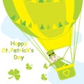 Saint Patrick Day`s card with cute ant in hot air balloon and shamrock leaves Royalty Free Stock Photo