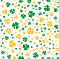 Saint Patrick day seamless pattern design. La Fheile Padraig holiday background. Irish green and golden colors shamrock or clover