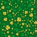 Saint Patrick day seamless pattern design. La Fheile Padraig holiday background. Irish green and golden colors shamrock or clover