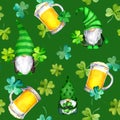 Saint Patrick day seamless pattern - gnomes, four leaves clovers, beer mugs. Watercolor cute dwarfs repeated background