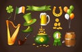 Saint Patrick Day set. Icons on the holidays Saint Patrick - keg of wine beer, pot of gold, green shoe, hat, beer, barrel, smoking