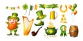 Saint Patrick Day set. Irish fantastic character gnome leprechaun. Icons on holidays Saint Patrick pot of gold, green shoe, hat,