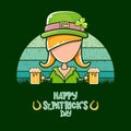 Saint Patrick girl holding beer isolated on vintage background with sun. Happy st Patricks day banner or poster with