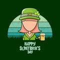Saint Patrick girl holding beer isolated on vintage background with sun. Happy st Patricks day banner or poster with