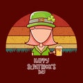 Saint Patrick girl holding beer isolated on vintage background with sun. Happy st Patricks day banner or poster with