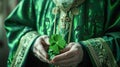 Saint Patrick in green clerical vestments holding a shamrock for preaching, close-up. Holiday Saint Patrick& x27;s Day