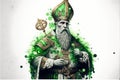 Saint Patrick image with green colors on white background. Funny main character of Irish festivity. Festivity Irish day, famous