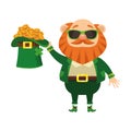 saint patrick leprechaun character with sunglasses and coins in hat