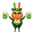 saint patrick leprechaun character with sunglasses drinking beers