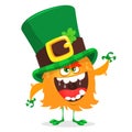 Saint Patrick. National Irish holiday. Vector illustration of monster leprechaun in green hat