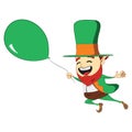 Saint Patricks Day leprechaun character. Running with a green balloon in hand