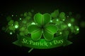 Saint Patrick`s day background. Clovers with abstract lights bokeh. Banner ribbon with text. Green glitter. Vector illustration