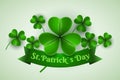 Saint Patrick`s day background. Clovers and ribbon banner with text. Holiday template for your project. Vector illustration