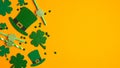 Saint Patrick`s Day background with clovers shamrock symbols, Irish elf hats, confetti, party drinking straws. Happy St. Patrick Royalty Free Stock Photo