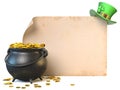 Saint Patrick`s day banner, old parchment, green Irish hat with shamrock clover leaf, pot full of gold 3d illustration Royalty Free Stock Photo