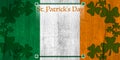 Saint Patrick`s Day Banner with Shamrock Border and Calligraphy Text Engraved on Wooden Background Stained with Irish Flag Colors Royalty Free Stock Photo