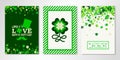 Saint Patrick`s Day banners set of three sheets with four leaved greenery clover and shamrock confetti. Vector templates