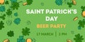 Saint Patrick`s Day beer party design template. Shamrocks and coins. Hand drawn vector illustration