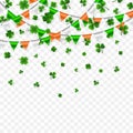 Saint Patrick`s Day Border with Green Four and Tree 3D Leaf Clovers with Flags Garland on White Background. Irish Lucky and Royalty Free Stock Photo