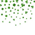 Saint Patrick`s Day Border with Green Four and Tree 3D Leaf Clovers on White Background. Irish Lucky and success symbols. Vector Royalty Free Stock Photo