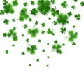 Saint Patrick`s Day Border with Green Four and Tree 3D Leaf Clovers on White Background. Irish Lucky and success symbols. Vector Royalty Free Stock Photo