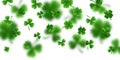 Saint Patrick`s Day Border with Green Four and Tree 3D Leaf Clovers on White Background. Irish Lucky and success symbols. Vector