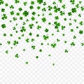 Saint Patrick`s Day Border with Green Four and Tree 3D Leaf Clovers on White Background. Irish Lucky and success symbols. Vector