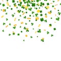 Saint Patrick`s Day Border with Green Four and Tree Leaf Clovers and gold coins on White Background. Irish Lucky and success