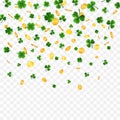 Saint Patrick`s Day Border with Green Four and Tree Leaf Clovers and gold coins on White Background. Irish Lucky and success Royalty Free Stock Photo