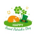 Saint Patrick\'s Day card with clover, hat and fox Royalty Free Stock Photo