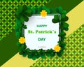 Saint Patrick`s Day card with square frame, green four and tree leaf clovers on colorful modern geometric background. Vector illu Royalty Free Stock Photo