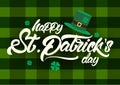 Saint Patrick`s Day celebration design in Lettering style with green hat illustration. Beer festival decoration badge. Vector