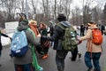 Saint Patrick`s Day celebration in Moscow. Men and women in carnival costumes