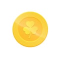 Saint Patrick`s Day coin. Gold coin with three leaf clover sign