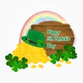 Saint Patrick's Day coins of gold, hat and rainbow background. Vector illustration. Royalty Free Stock Photo