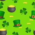 Saint Patrick`s Day colorful seamless pattern with leprechaun hat, pot, gold and shamrock in cartoon style. Vector illustration. Royalty Free Stock Photo