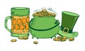 Saint Patrick`s Day composition. Cauldron with golden coins, glass of beer and leprechaun`s hat. Hand drawn vector sketch