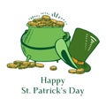 Saint Patrick`s Day composition. Cauldron with golden coins and leprechaun`s hat