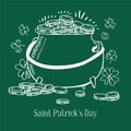 Saint Patrick`s Day composition. Leprechaun cauldron with golden coins