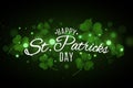 Saint Patrick`s day cover. Green glowing clovers with glares bokeh. Festive lettering for your design. Abstract glitter. Vector