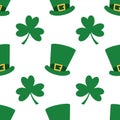 Saint Patrick's Day cute seamless pattern. An endless background with green cylinder hats and three leaf shamrock.